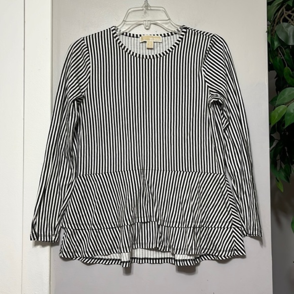 Michael Kors S Peplum Top‎ Womens Black White Striped Long Sleeve Tiered Ruffle